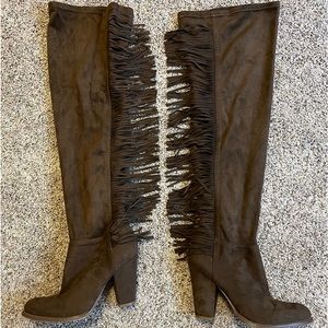 JustFab Brown Fringe sued like material above the knee boots.